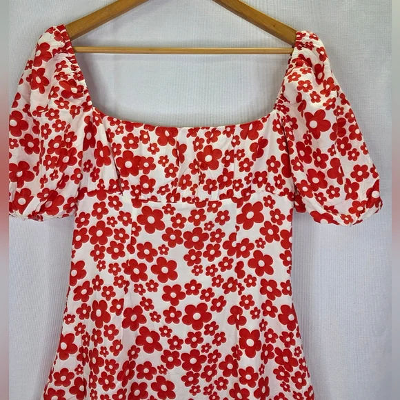 Nwt Glamorous Women's Red Mini Dresses Tie Puff Sleeve Floral Mini Dress Size 12 - Picture 2 of 16